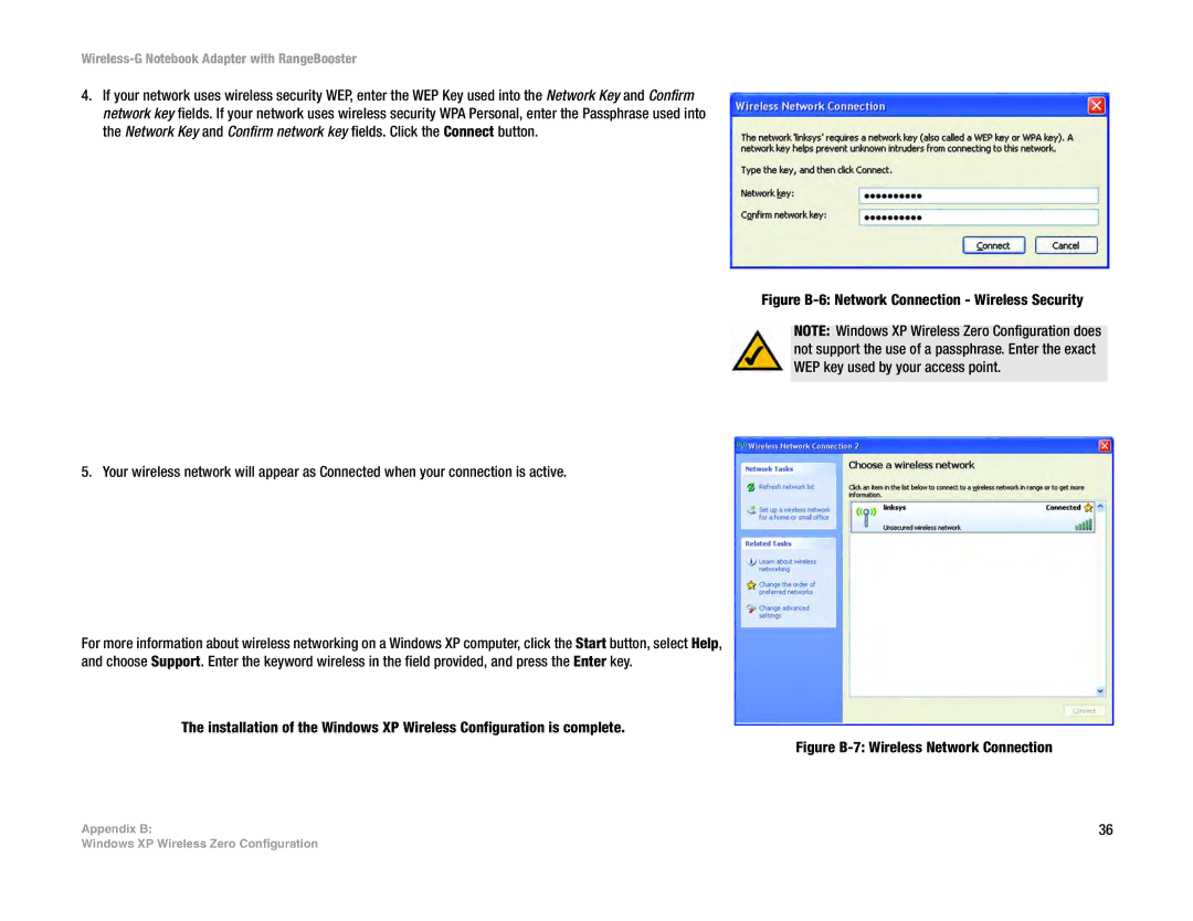 Linksys WPC54GR manual Figure B-6 Network Connection Wireless Security 