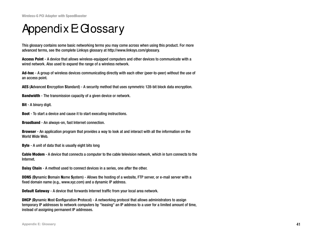 Linksys WPC54GR manual Appendix E Glossary 