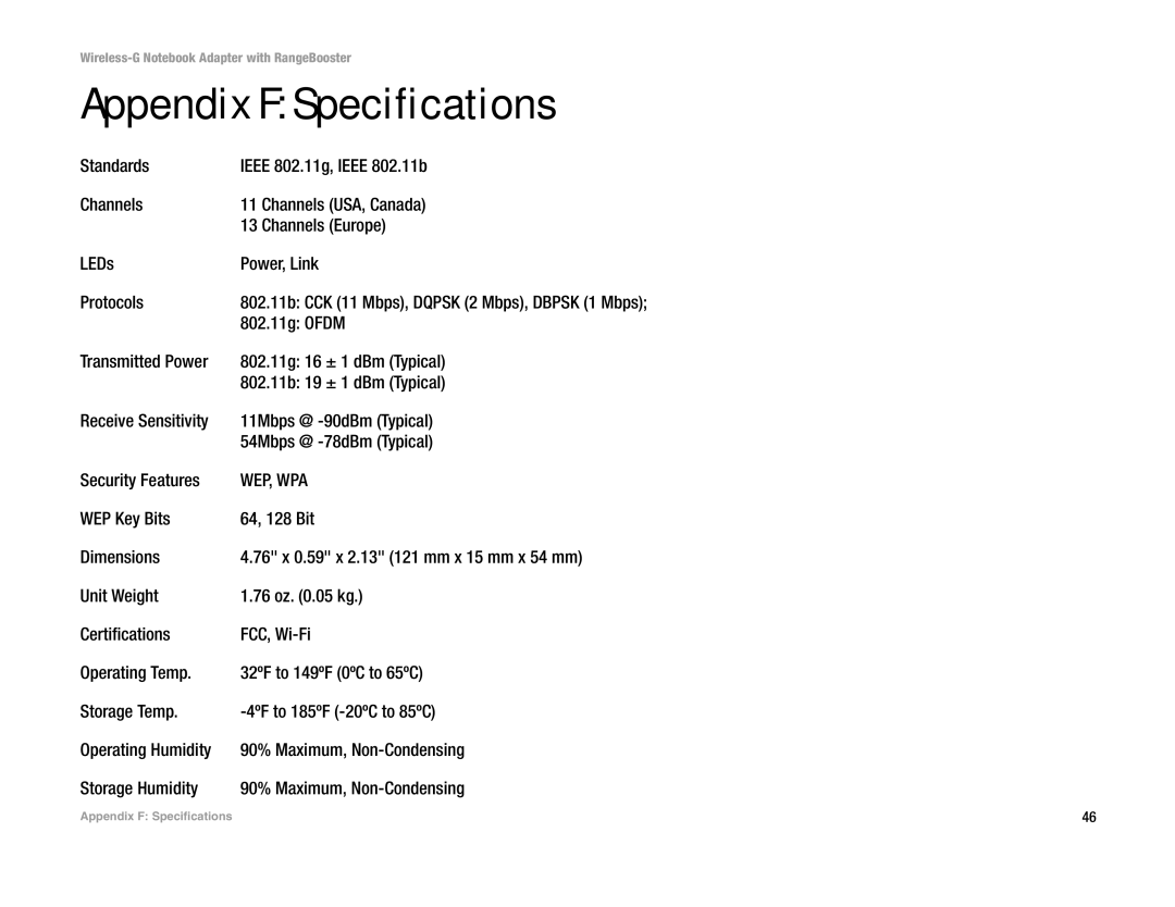 Linksys WPC54GR manual Appendix F Specifications, 802.11g Ofdm 