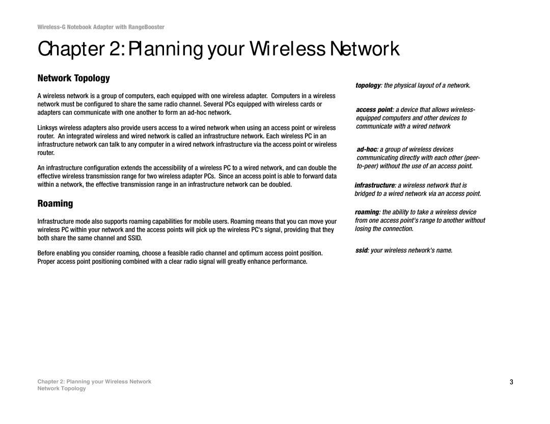 Linksys WPC54GR manual Planning your Wireless Network, Network Topology, Roaming, Topology the physical layout of a network 