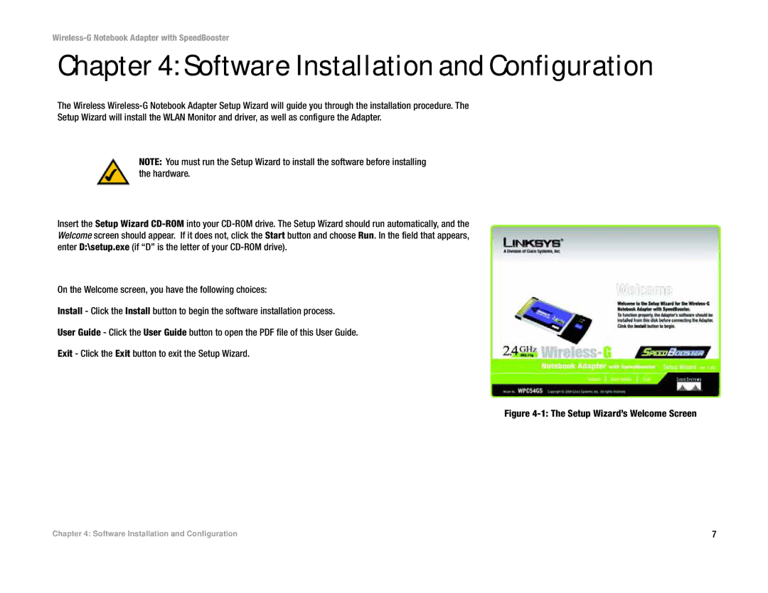 Linksys WPC54GS manual Software Installation and Configuration, Setup Wizard’s Welcome Screen 