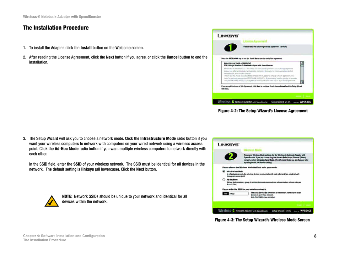 Linksys WPC54GS manual Installation Procedure, Setup Wizard’s Wireless Mode Screen 