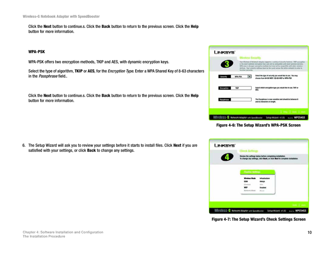 Linksys WPC54GS manual Wpa-Psk, Setup Wizard’s Check Settings Screen 