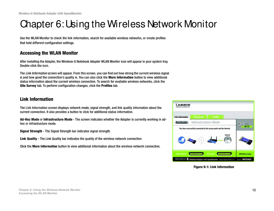 Linksys WPC54GS manual Using the Wireless Network Monitor, Accessing the Wlan Monitor, Link Information 