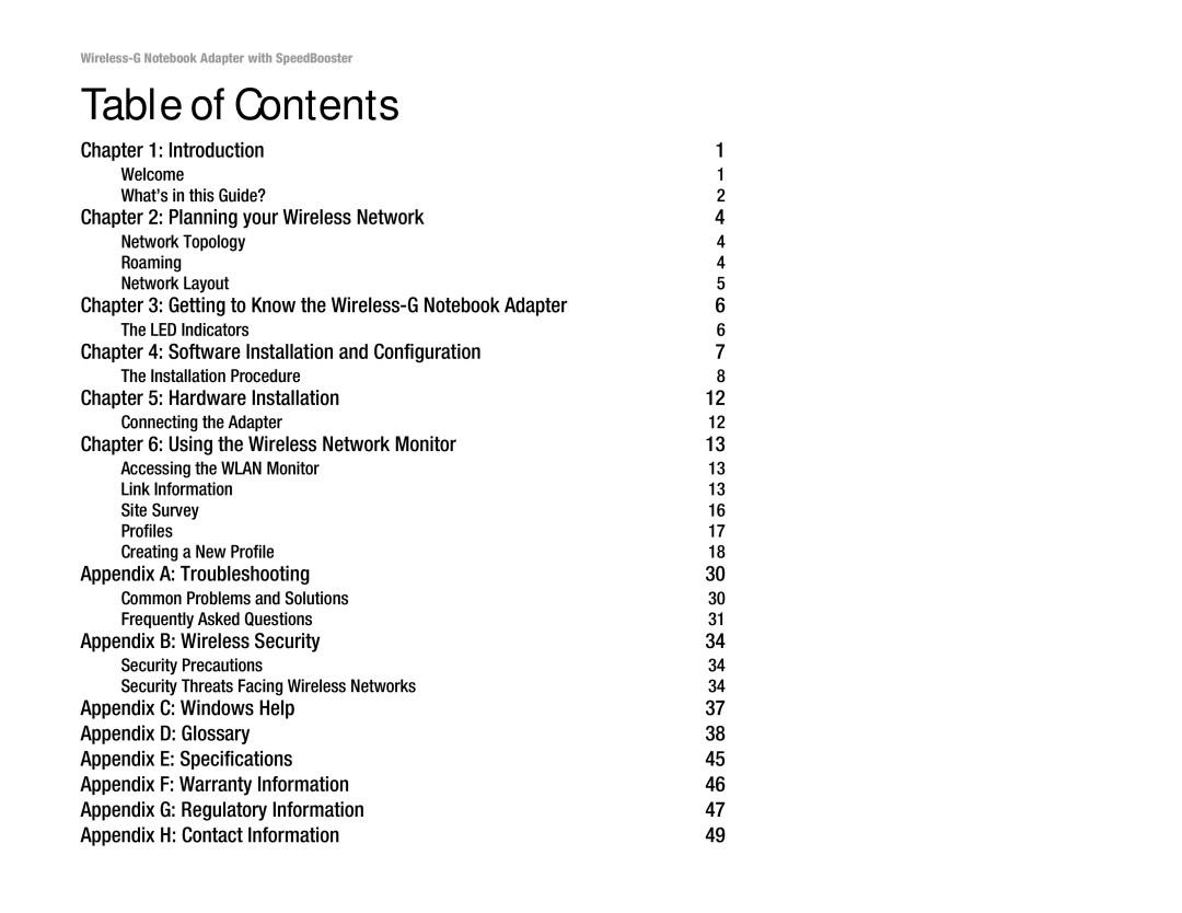 Linksys WPC54GS manual Table of Contents 