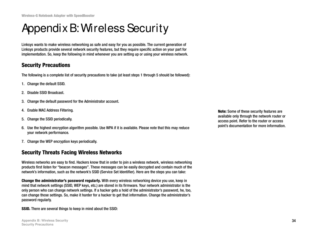 Linksys WPC54GS manual Appendix B Wireless Security, Security Precautions, Security Threats Facing Wireless Networks 