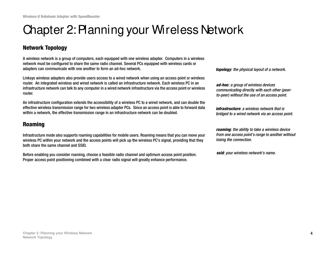 Linksys WPC54GS manual Planning your Wireless Network, Network Topology, Roaming, Topology the physical layout of a network 