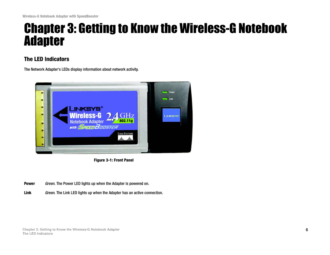 Linksys WPC54GS manual Getting to Know the Wireless-G Notebook Adapter, LED Indicators, Power, Link 