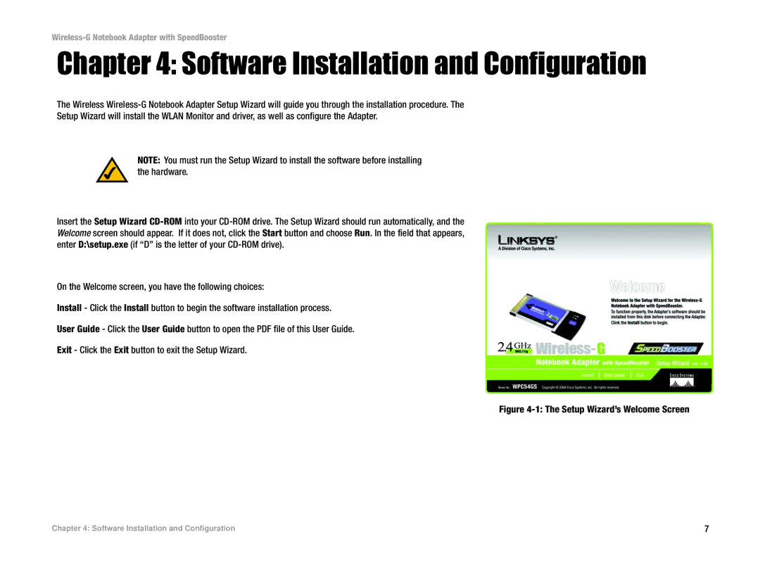 Linksys WPC54GS manual Software Installation and Configuration, Setup Wizard’s Welcome Screen 