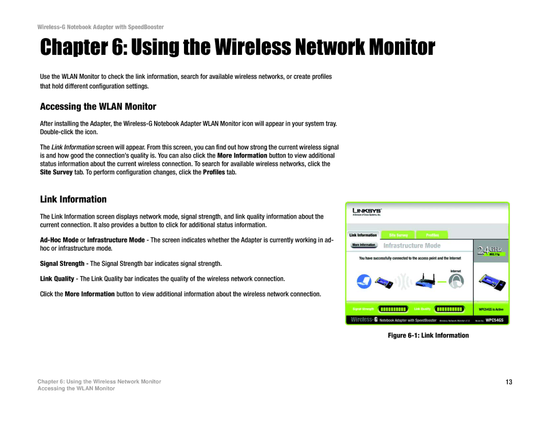 Linksys WPC54GS manual Using the Wireless Network Monitor, Accessing the Wlan Monitor, Link Information 