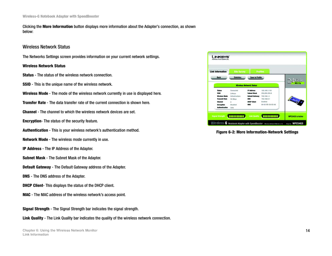 Linksys WPC54GS manual Wireless Network Status 