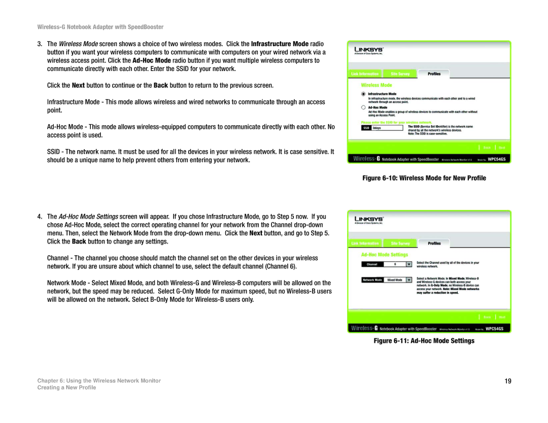 Linksys WPC54GS manual Ad-Hoc Mode Settings 