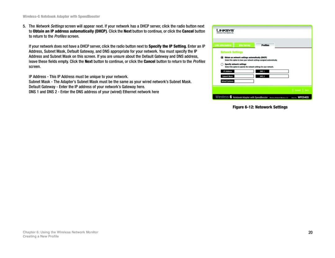 Linksys WPC54GS manual Netowork Settings 