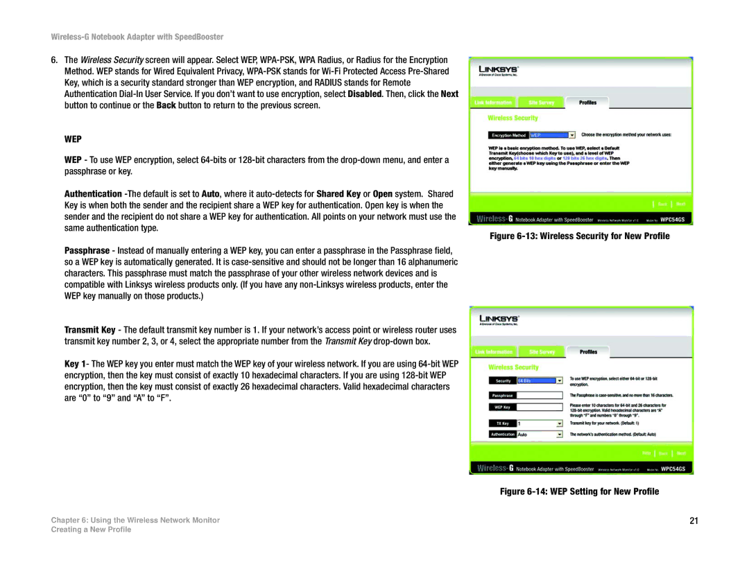 Linksys WPC54GS manual WEP Setting for New Profile 