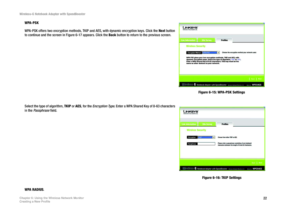 Linksys WPC54GS manual WPA Radius, WPA-PSK Settings 