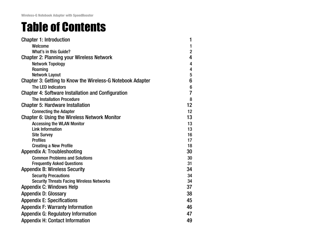 Linksys WPC54GS manual Table of Contents 