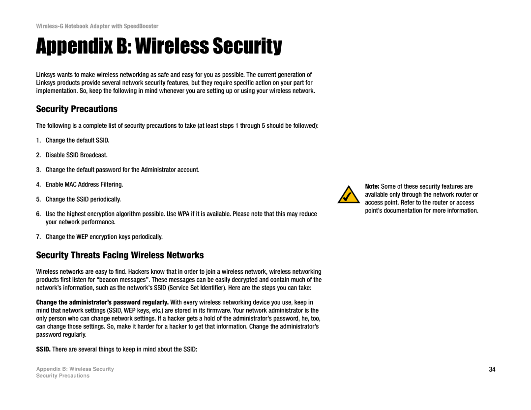 Linksys WPC54GS manual Appendix B Wireless Security, Security Precautions, Security Threats Facing Wireless Networks 