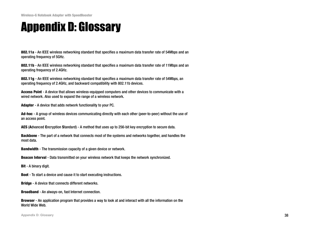 Linksys WPC54GS manual Appendix D Glossary 