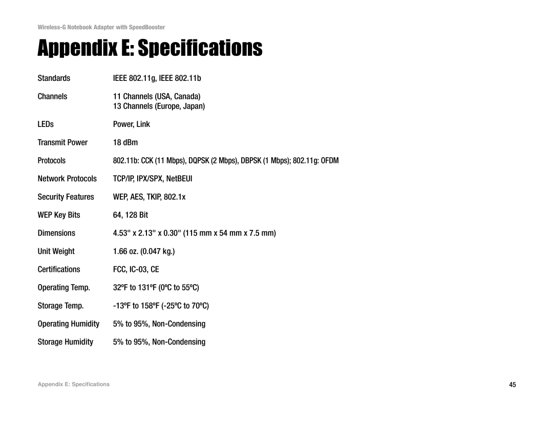 Linksys WPC54GS manual Appendix E Specifications 