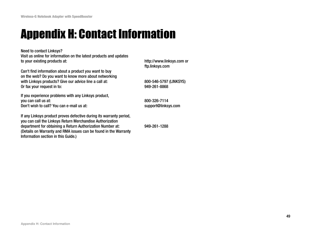 Linksys WPC54GS manual Appendix H Contact Information 