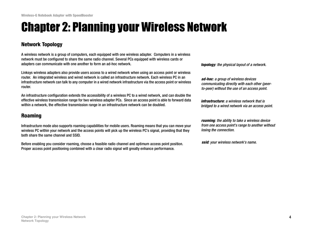 Linksys WPC54GS manual Planning your Wireless Network, Network Topology, Roaming, Topology the physical layout of a network 