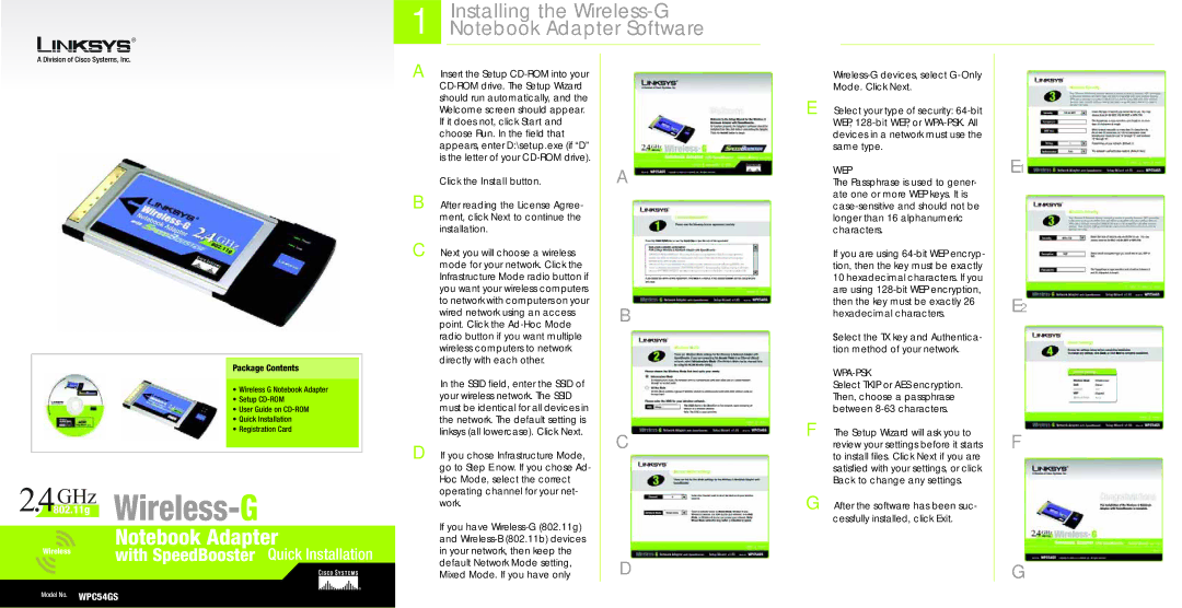 Linksys WPC54GS manual Installing the Wireless-G, Wep, Wpa-Psk, Package Contents 