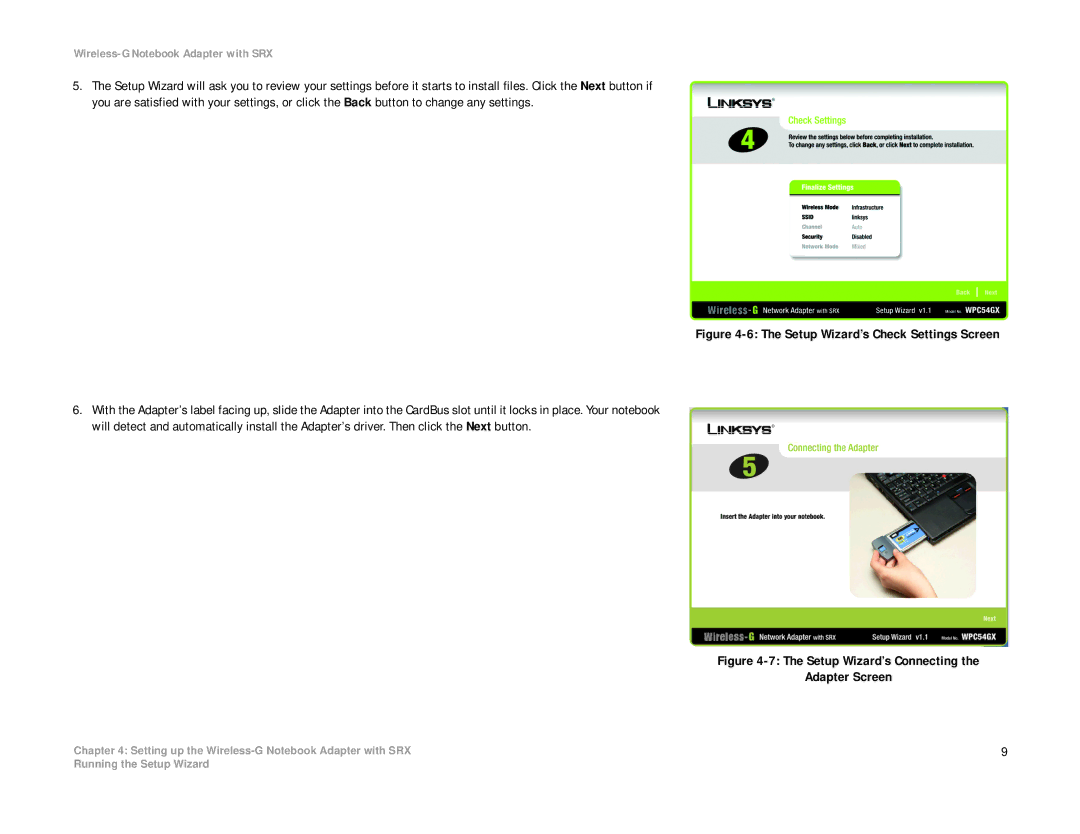 Linksys WPC54GX manual Setup Wizard’s Check Settings Screen 