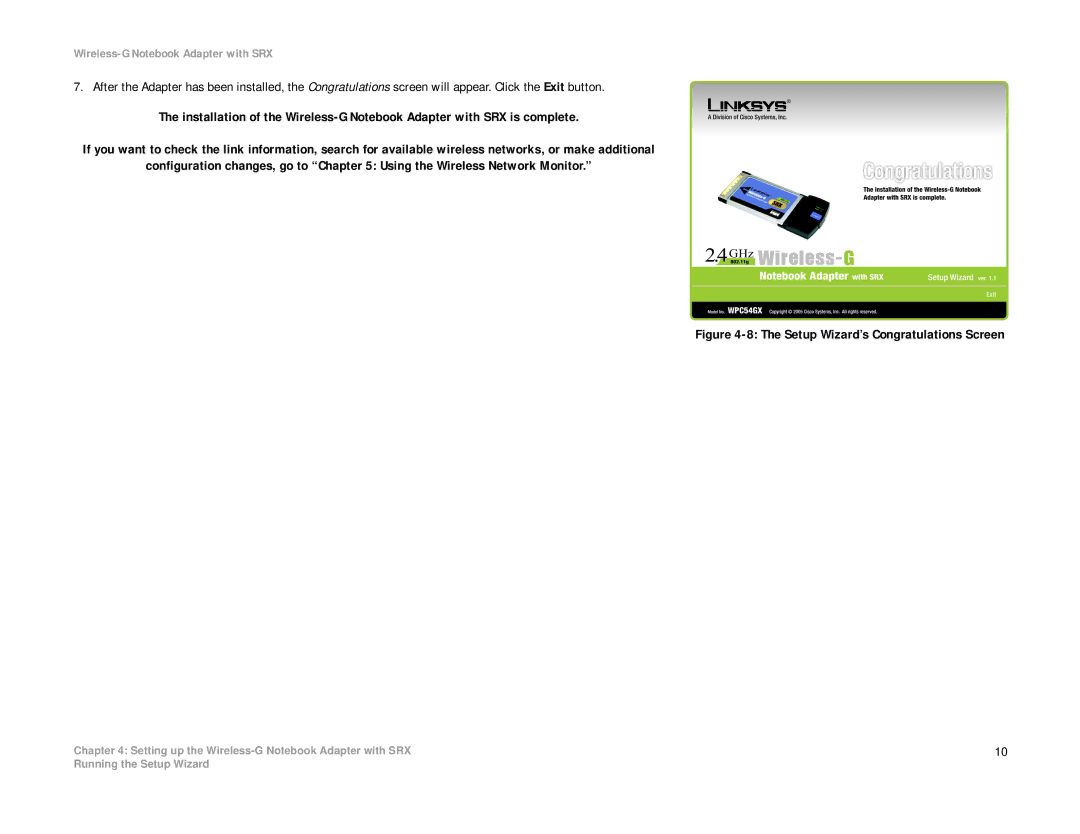 Linksys WPC54GX manual Setup Wizard’s Congratulations Screen 