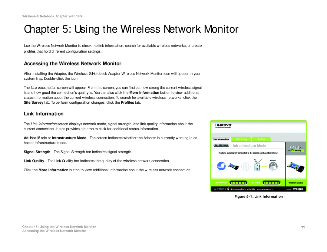 Linksys WPC54GX manual Using the Wireless Network Monitor, Accessing the Wireless Network Monitor, Link Information 