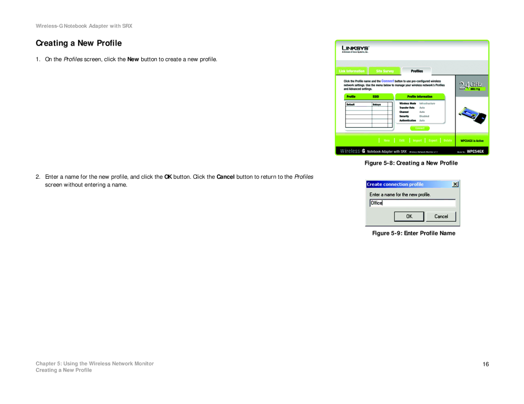 Linksys WPC54GX manual Creating a New Profile, Enter Profile Name 