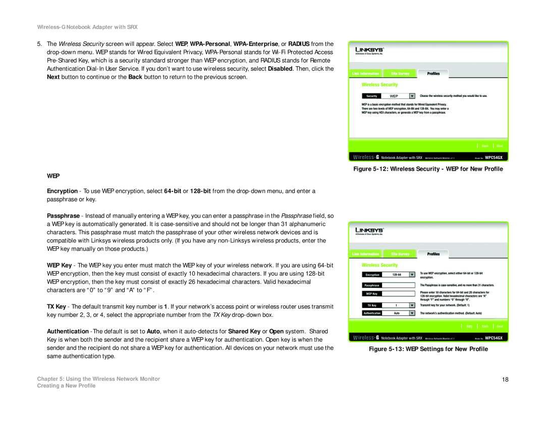Linksys WPC54GX manual Wireless Security WEP for New Profile 