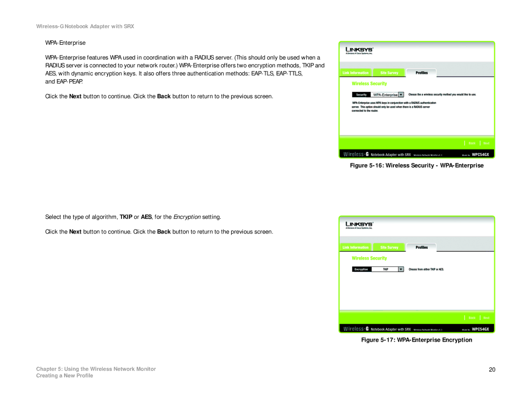 Linksys WPC54GX manual Wireless Security WPA-Enterprise 