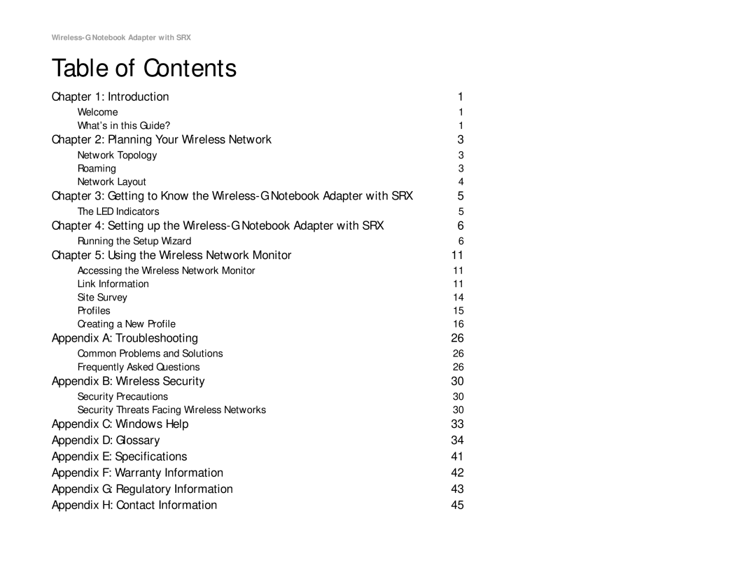 Linksys WPC54GX manual Table of Contents 