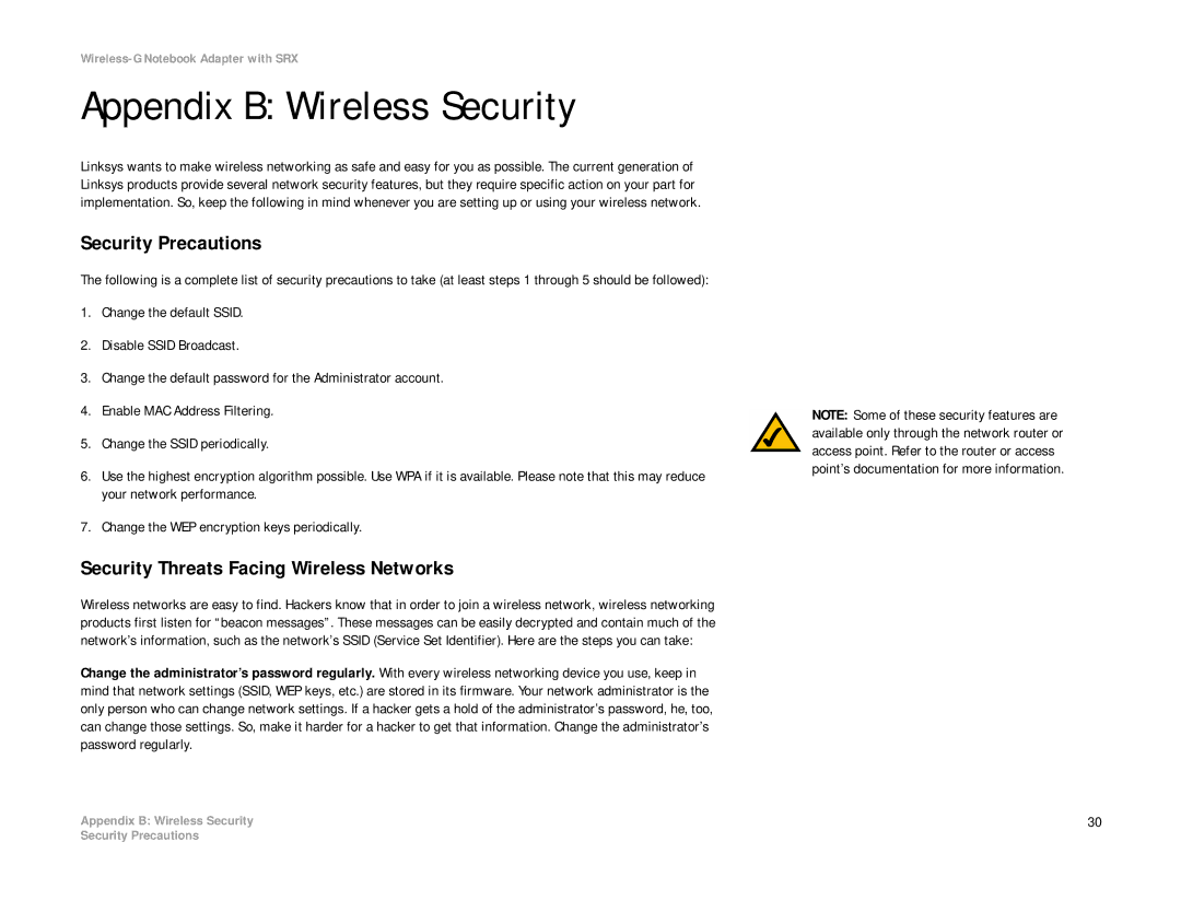 Linksys WPC54GX manual Appendix B Wireless Security, Security Precautions, Security Threats Facing Wireless Networks 