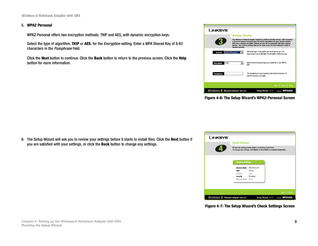 Linksys WPC54GX manual Setup Wizard’s WPA2-Personal Screen 
