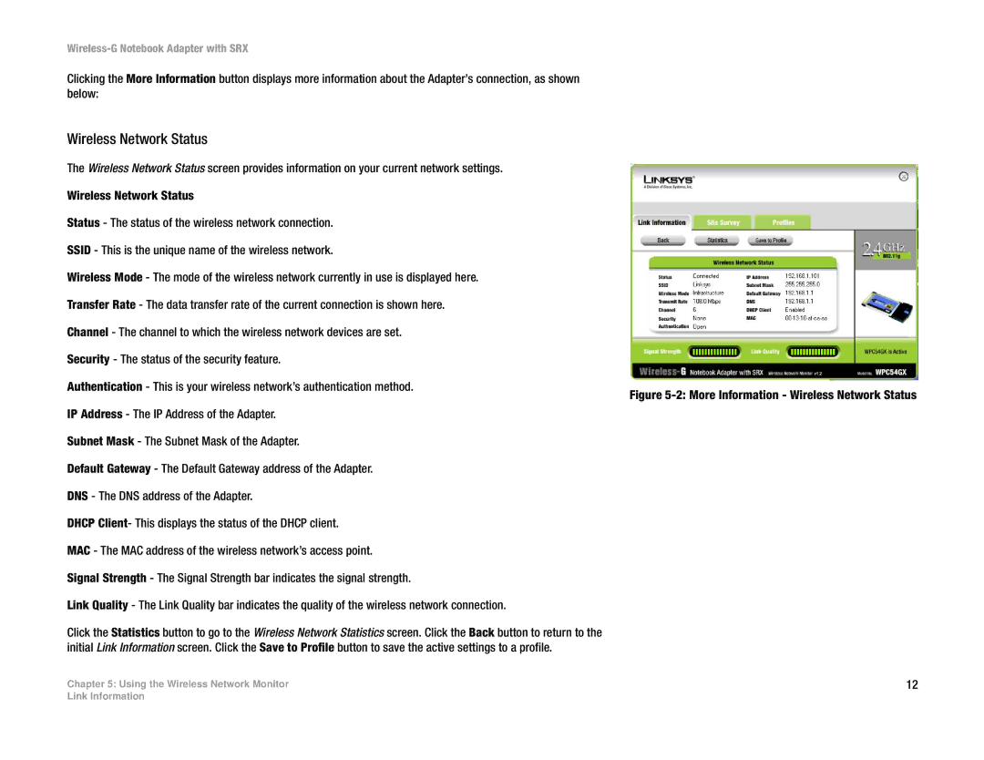 Linksys WPC54GX manual Wireless Network Status 