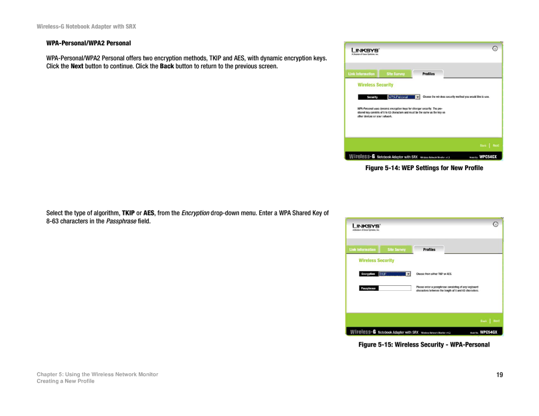 Linksys WPC54GX manual WEP Settings for New Profile 