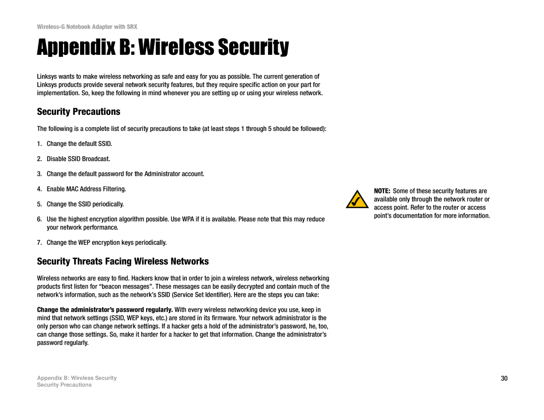 Linksys WPC54GX manual Appendix B Wireless Security, Security Precautions, Security Threats Facing Wireless Networks 