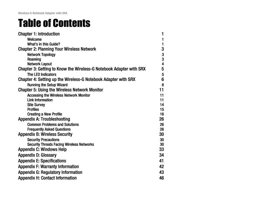 Linksys WPC54GX manual Table of Contents 