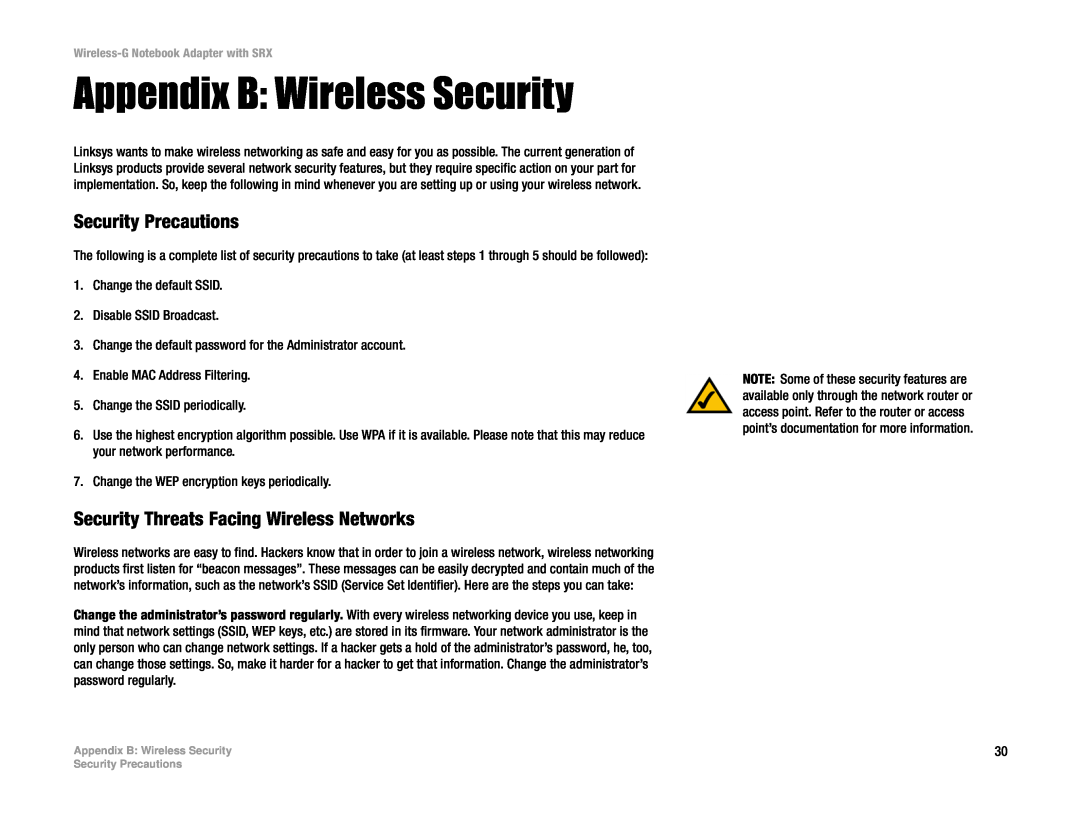Linksys WPC54GX manual Appendix B Wireless Security, Security Precautions, Security Threats Facing Wireless Networks 