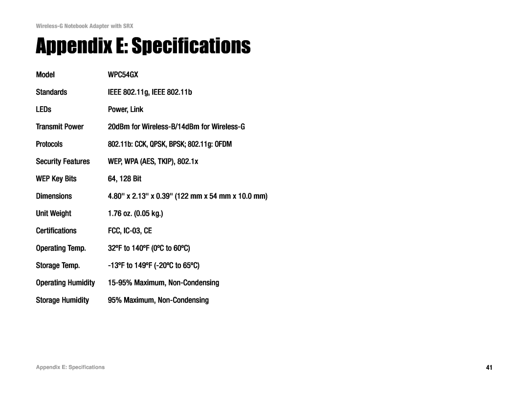 Linksys WPC54GX manual Appendix E Specifications 