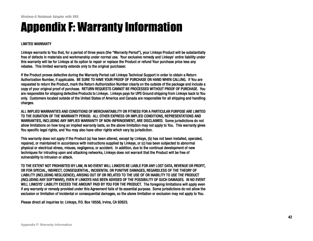 Linksys WPC54GX manual Appendix F Warranty Information 