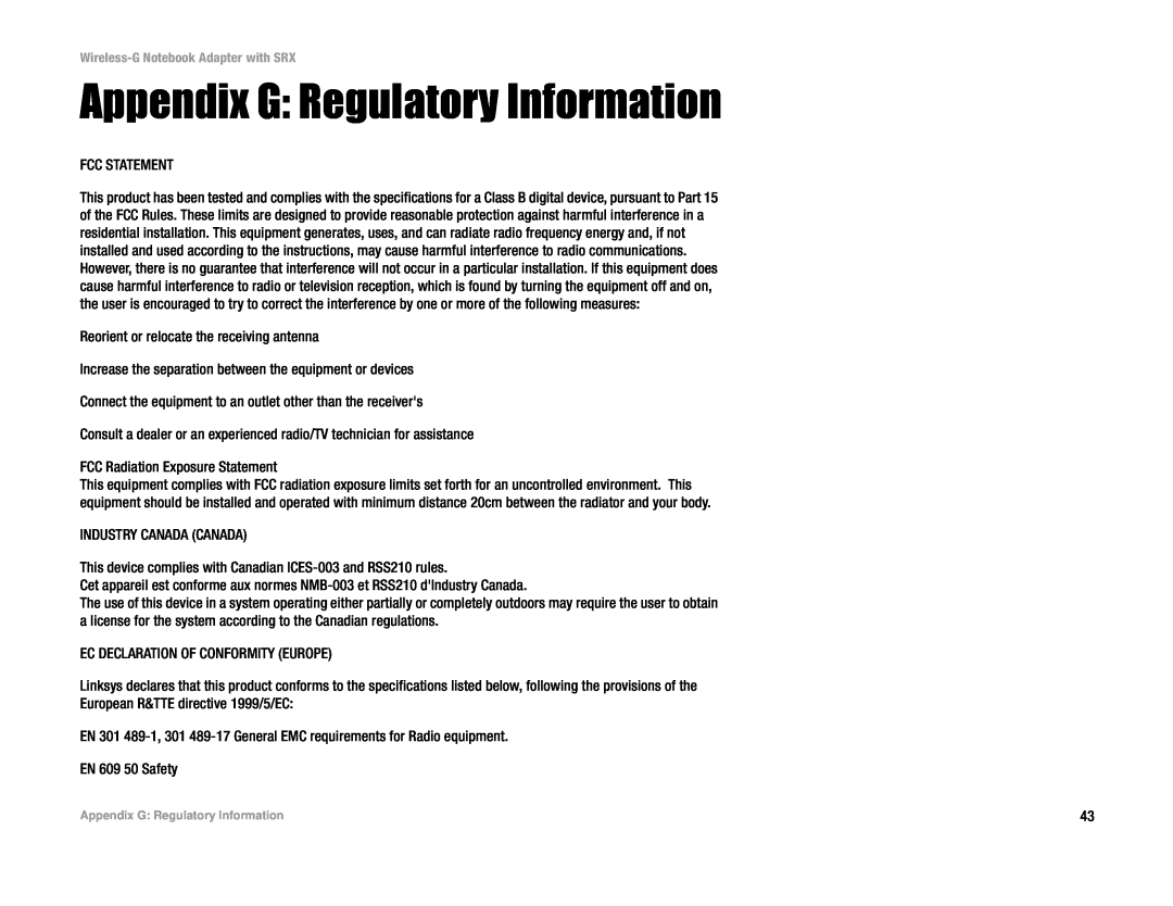 Linksys WPC54GX manual Appendix G Regulatory Information 
