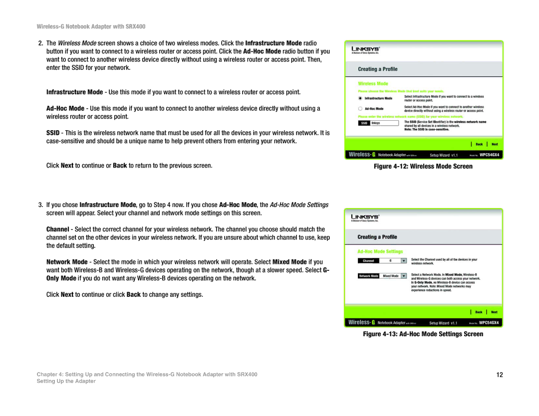 Linksys WPC54GX4 manual Click Next to continue or click Back to change any settings, Wireless Mode Screen 