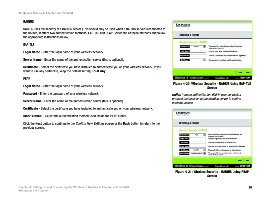 Linksys WPC54GX4 manual Radius 