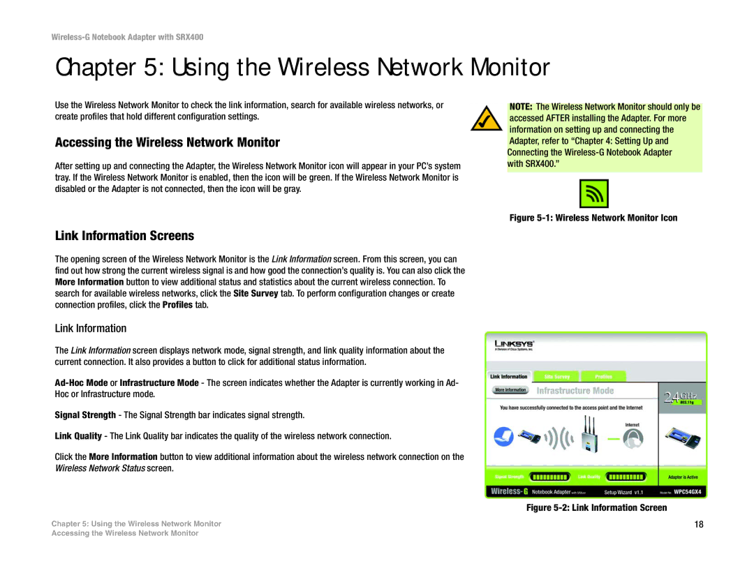 Linksys WPC54GX4 Using the Wireless Network Monitor, Accessing the Wireless Network Monitor, Link Information Screens 