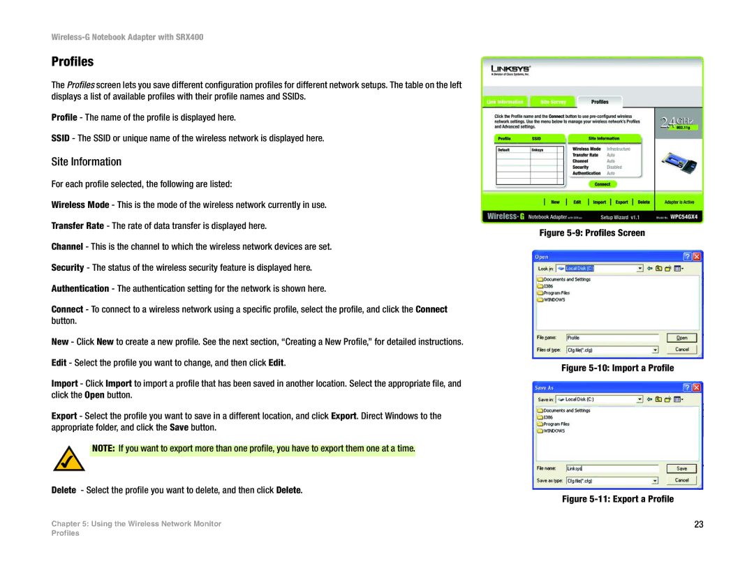 Linksys WPC54GX4 manual Profiles Screen 