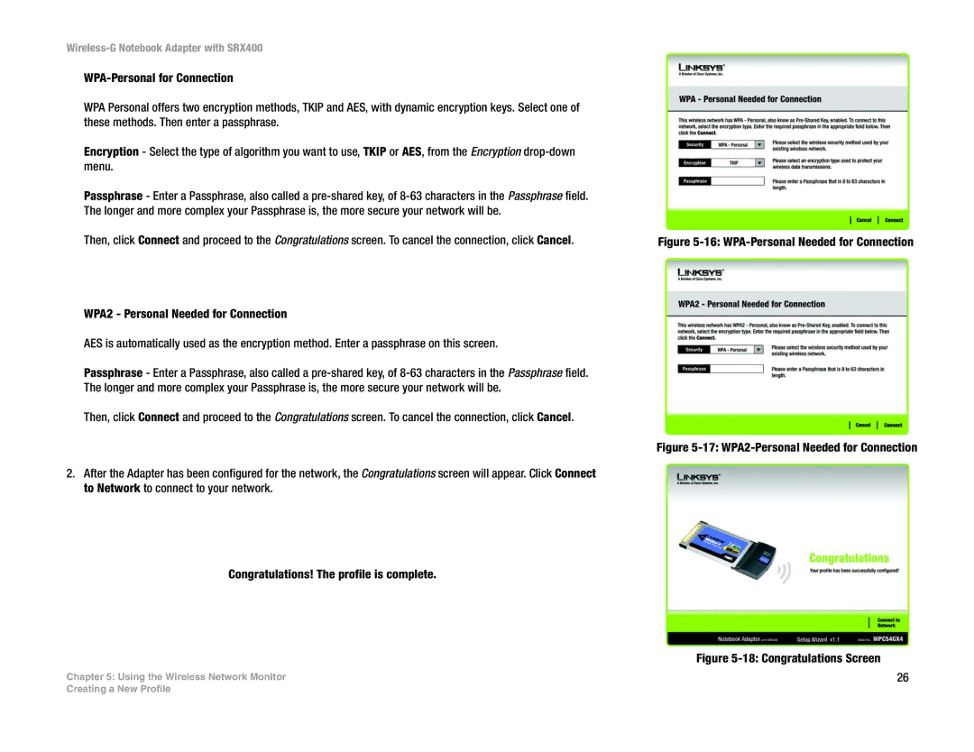 Linksys WPC54GX4 manual WPA-Personal Needed for Connection 