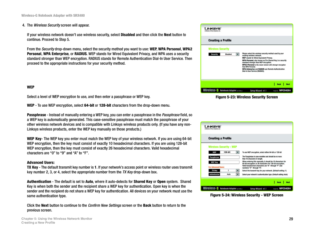Linksys WPC54GX4 manual Wireless Security Screen 