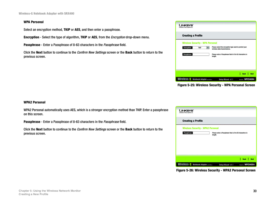 Linksys WPC54GX4 manual Wireless Security WPA2 Personal Screen 